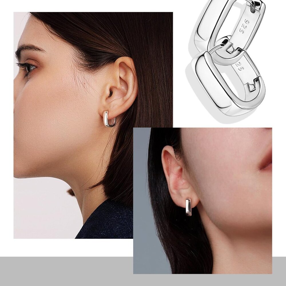 925 Sterling Silver Earrings Small Chunky Silver Earrings for Women Tren… - Picture 3 of 6